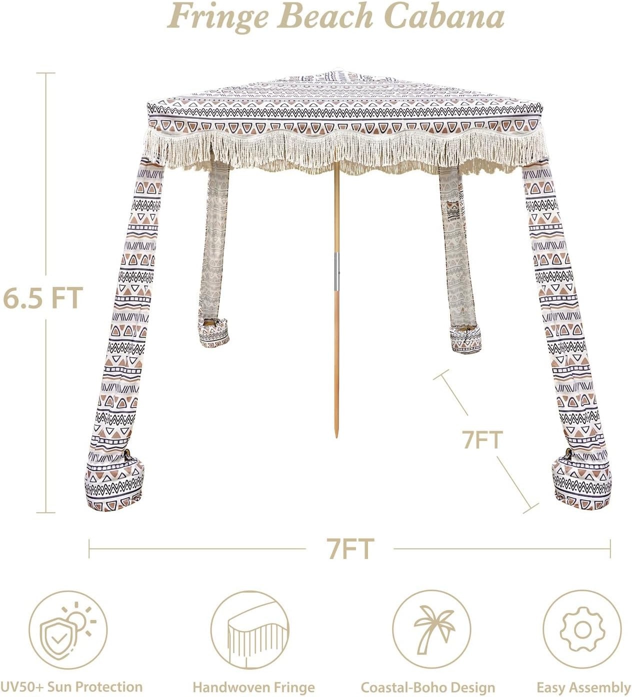 image:imageAMMSUN Beach Cabana with Fringe amp Wood Pole 7 x 7 Boho Canopy Tassels Easy Set Up UV50 Protection Easy to Carry with Bag Unique for Special Occasion and Parties Elegant WhiteTan