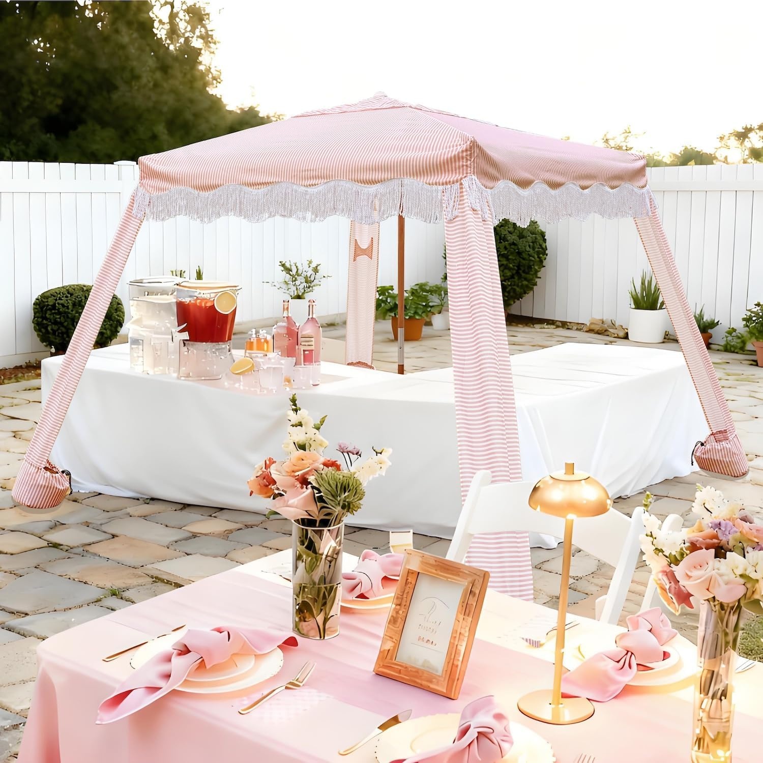 image:imageAMMSUN Beach Cabana with Fringe amp Wood Pole 7 x 7 Boho Canopy Tassels Easy Set Up UV50 Protection Easy to Carry with Bag Unique for Special Occasion and Parties Elegant WhitePink Stripes
