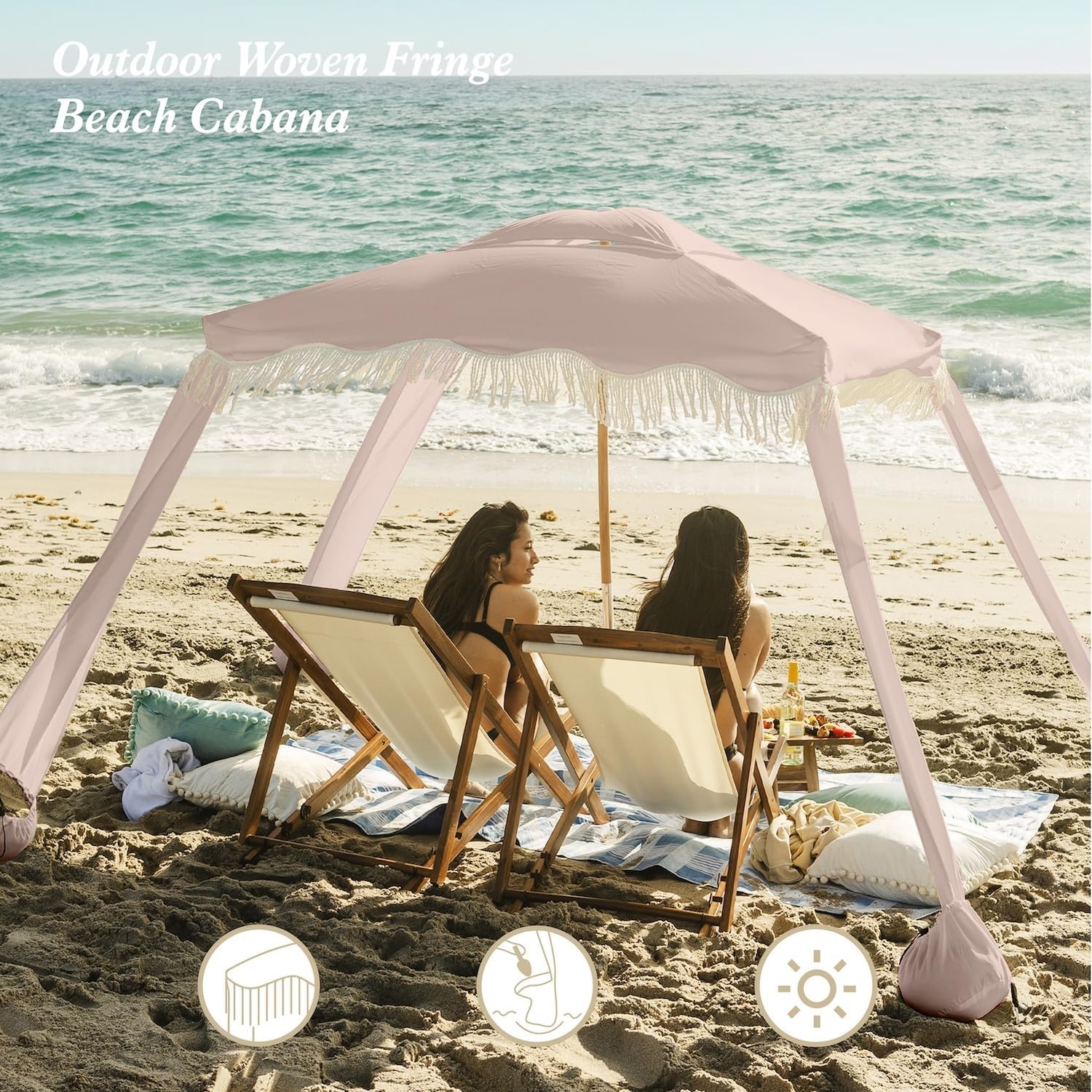 image:imageAMMSUN Beach Cabana with Fringe amp Wood Pole 7 x 7 Boho Canopy Tassels Easy Set Up UV50 Protection Easy to Carry with Bag Unique for Special Occasion and Parties Elegant WhitePink Coral