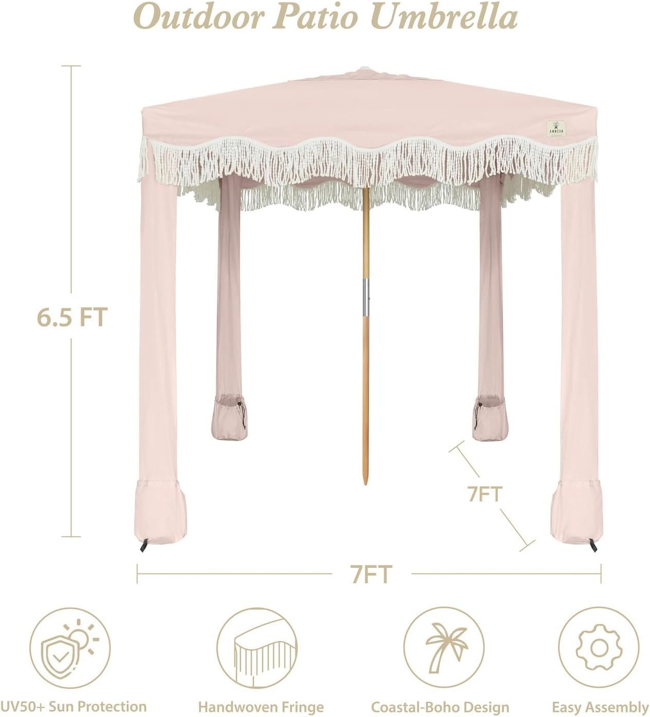 image:imageAMMSUN Beach Cabana with Fringe amp Wood Pole 7 x 7 Boho Canopy Tassels Easy Set Up UV50 Protection Easy to Carry with Bag Unique for Special Occasion and Parties Elegant WhitePink Coral