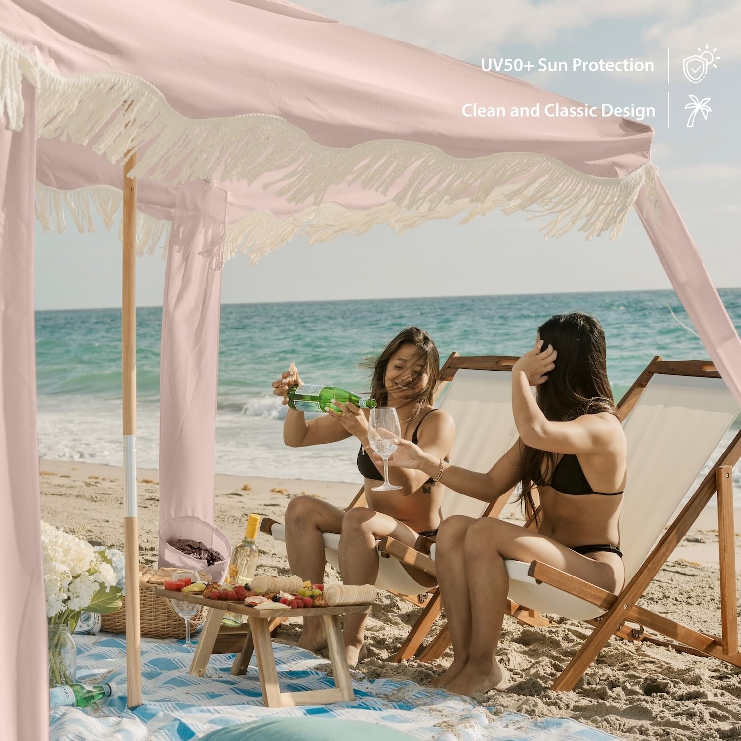 image:imageAMMSUN Beach Cabana with Fringe amp Wood Pole 7 x 7 Boho Canopy Tassels Easy Set Up UV50 Protection Easy to Carry with Bag Unique for Special Occasion and Parties Elegant WhitePink Coral