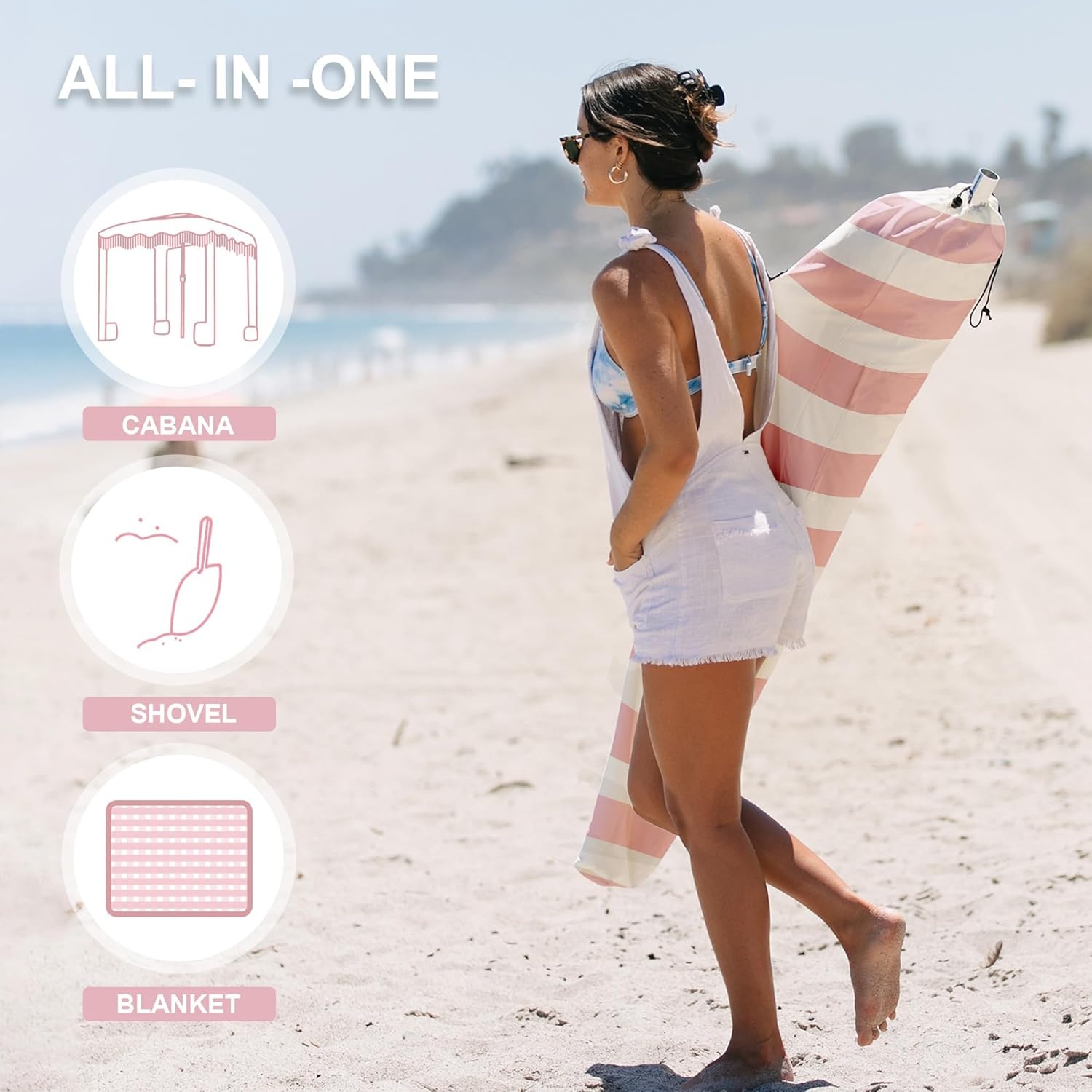image:imageAMMSUN Beach Cabana with Fringe amp Wood Pole 7 x 7 Boho Canopy Tassels Easy Set Up UV50 Protection Easy to Carry with Bag Unique for Special Occasion and Parties Elegant WhiteStripes Pink