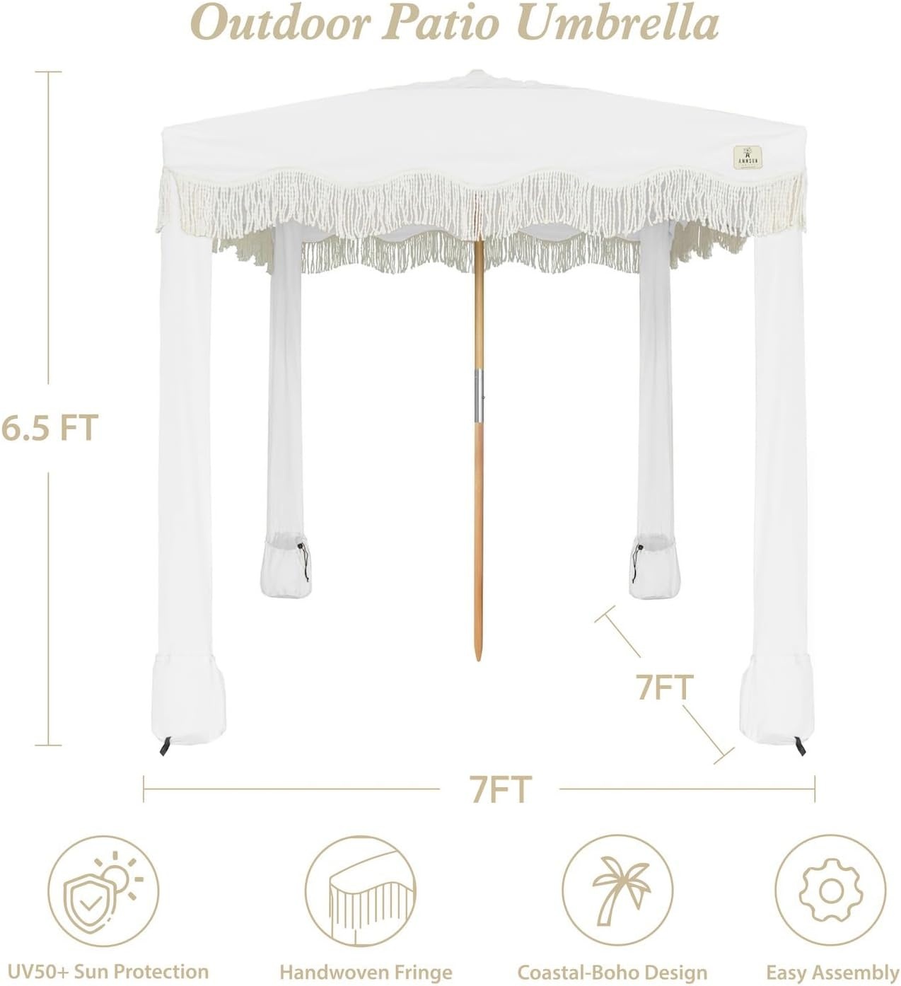image:imageAMMSUN Beach Cabana with Fringe amp Wood Pole 7 x 7 Boho Canopy Tassels Easy Set Up UV50 Protection Easy to Carry with Bag Unique for Special Occasion and Parties Elegant WhiteElegant White
