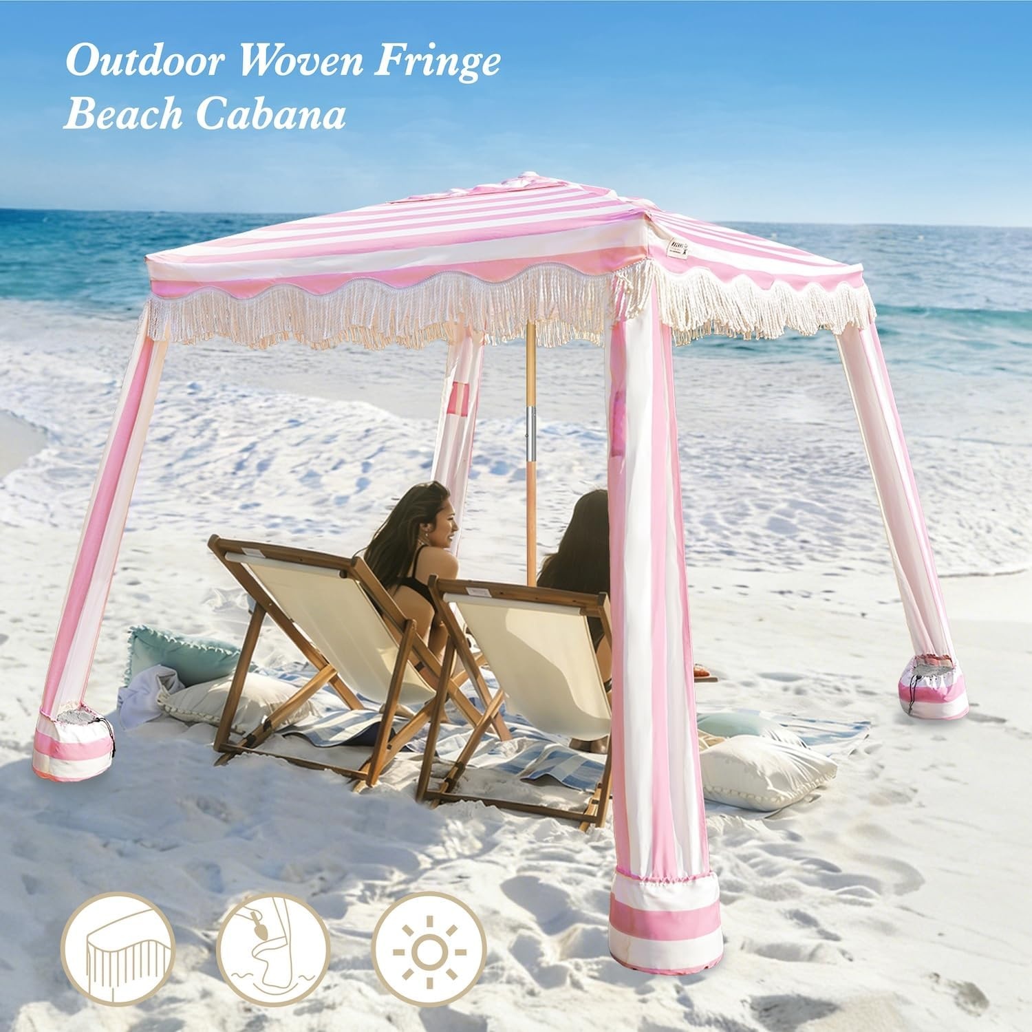 image:imageAMMSUN Beach Cabana with Fringe amp Wood Pole 7 x 7 Boho Canopy Tassels Easy Set Up UV50 Protection Easy to Carry with Bag Unique for Special Occasion and Parties Elegant WhiteRose Stripes