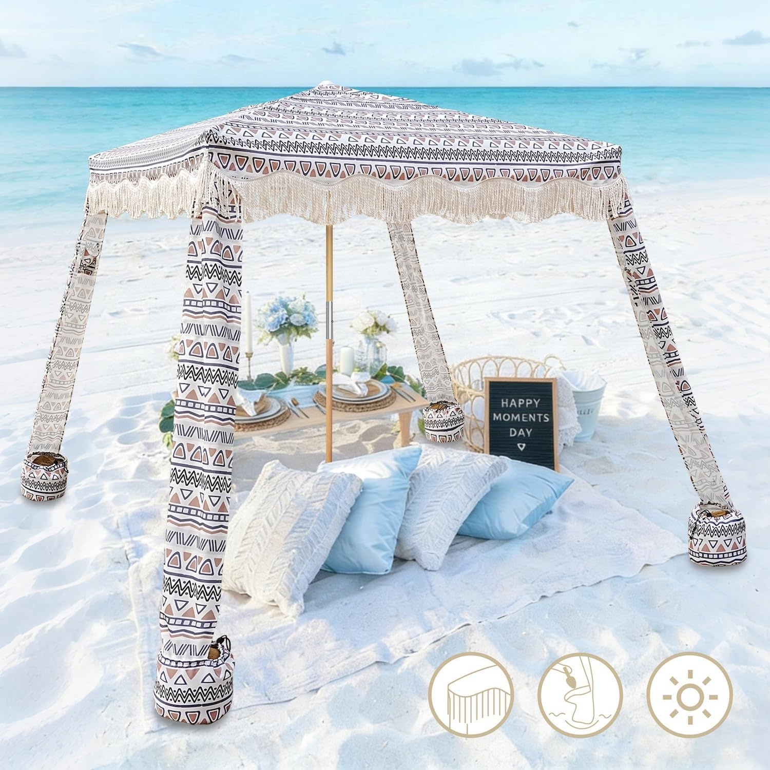 image:imageAMMSUN Beach Cabana with Fringe amp Wood Pole 7 x 7 Boho Canopy Tassels Easy Set Up UV50 Protection Easy to Carry with Bag Unique for Special Occasion and Parties Elegant WhiteTan