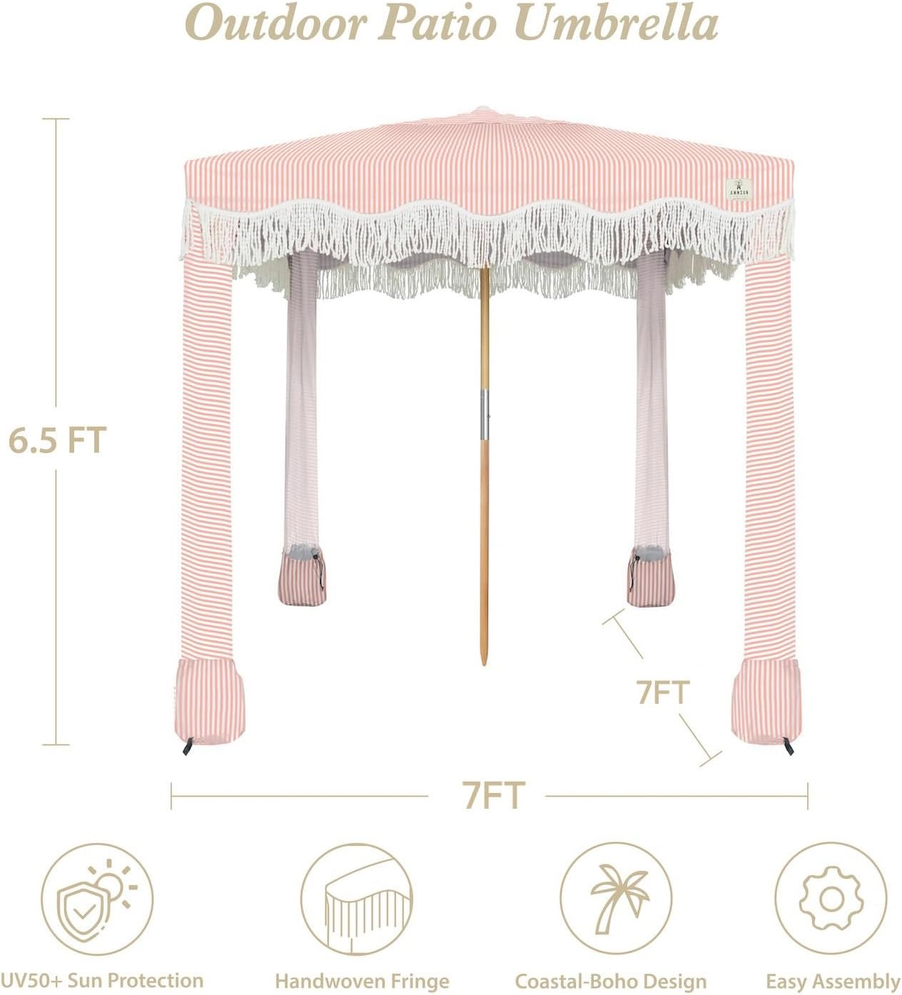 image:imageAMMSUN Beach Cabana with Fringe amp Wood Pole 7 x 7 Boho Canopy Tassels Easy Set Up UV50 Protection Easy to Carry with Bag Unique for Special Occasion and Parties Elegant WhitePink Stripes