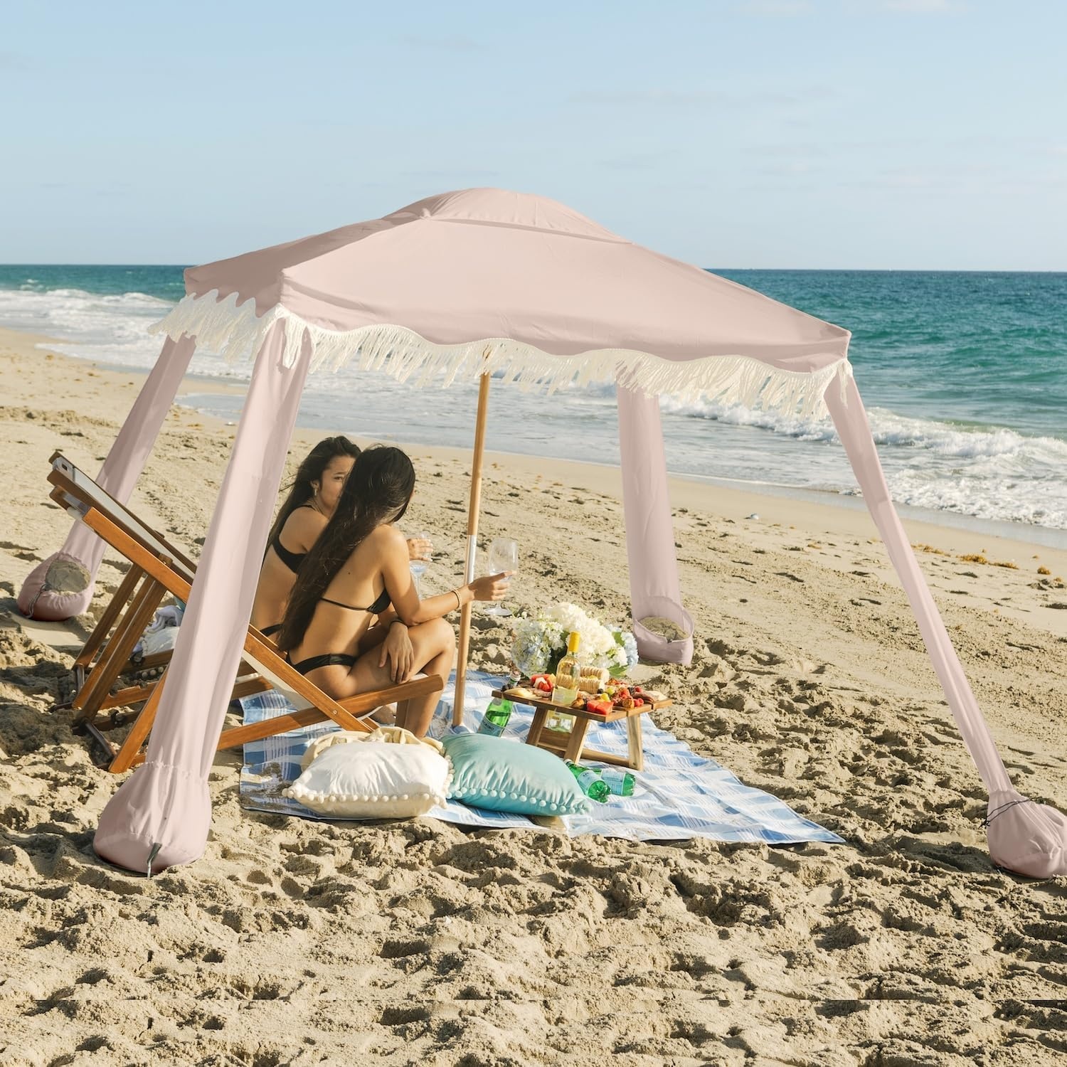 image:imageAMMSUN Beach Cabana with Fringe amp Wood Pole 7 x 7 Boho Canopy Tassels Easy Set Up UV50 Protection Easy to Carry with Bag Unique for Special Occasion and Parties Elegant WhitePink Coral