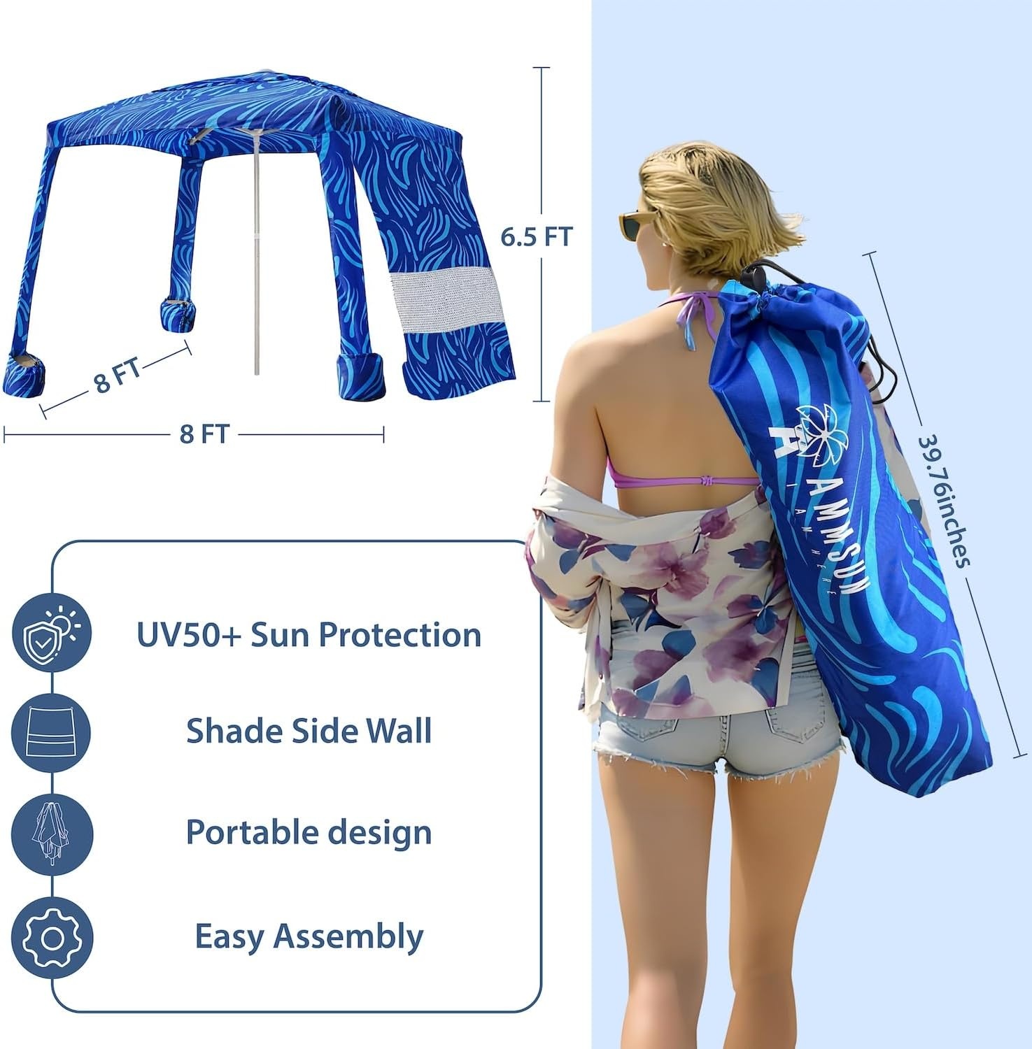 image:imageAMMSUN Portable Beach Cabana 88 Beach Canopy Easy Set up Take Down Foldable Beach Tent Aluminum Structure FamilySized Shade WindResistant UPF50 Fabric Sandbag Anchors Privacy Side WallSea Flow