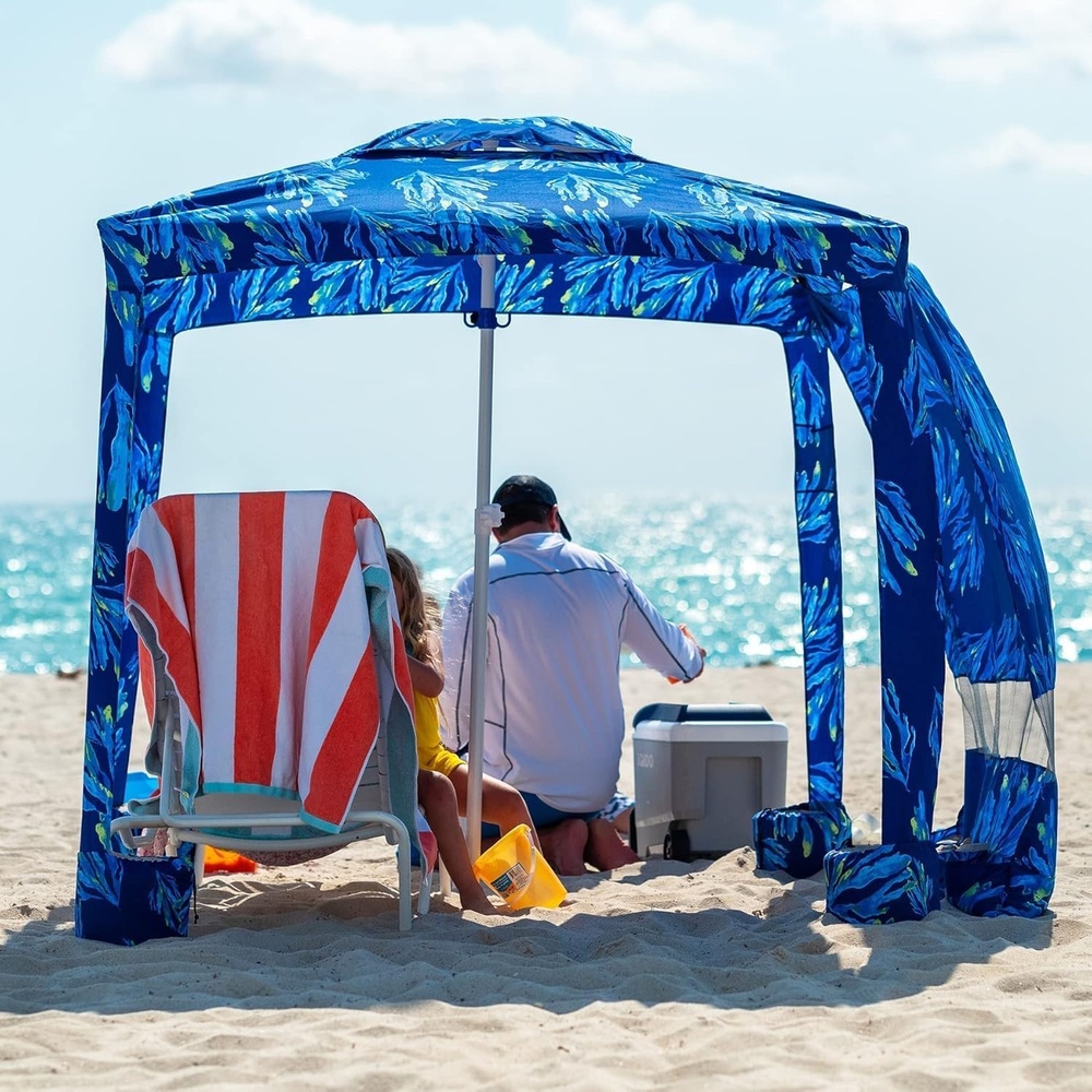 image:imageAMMSUN Beach Cabana 6565 Beach Canopy Easy Set up and Take Down Cabana Tent with Sand Pockets Instant Sun Shade with Side Wall Elegant PinkCoral Tropical