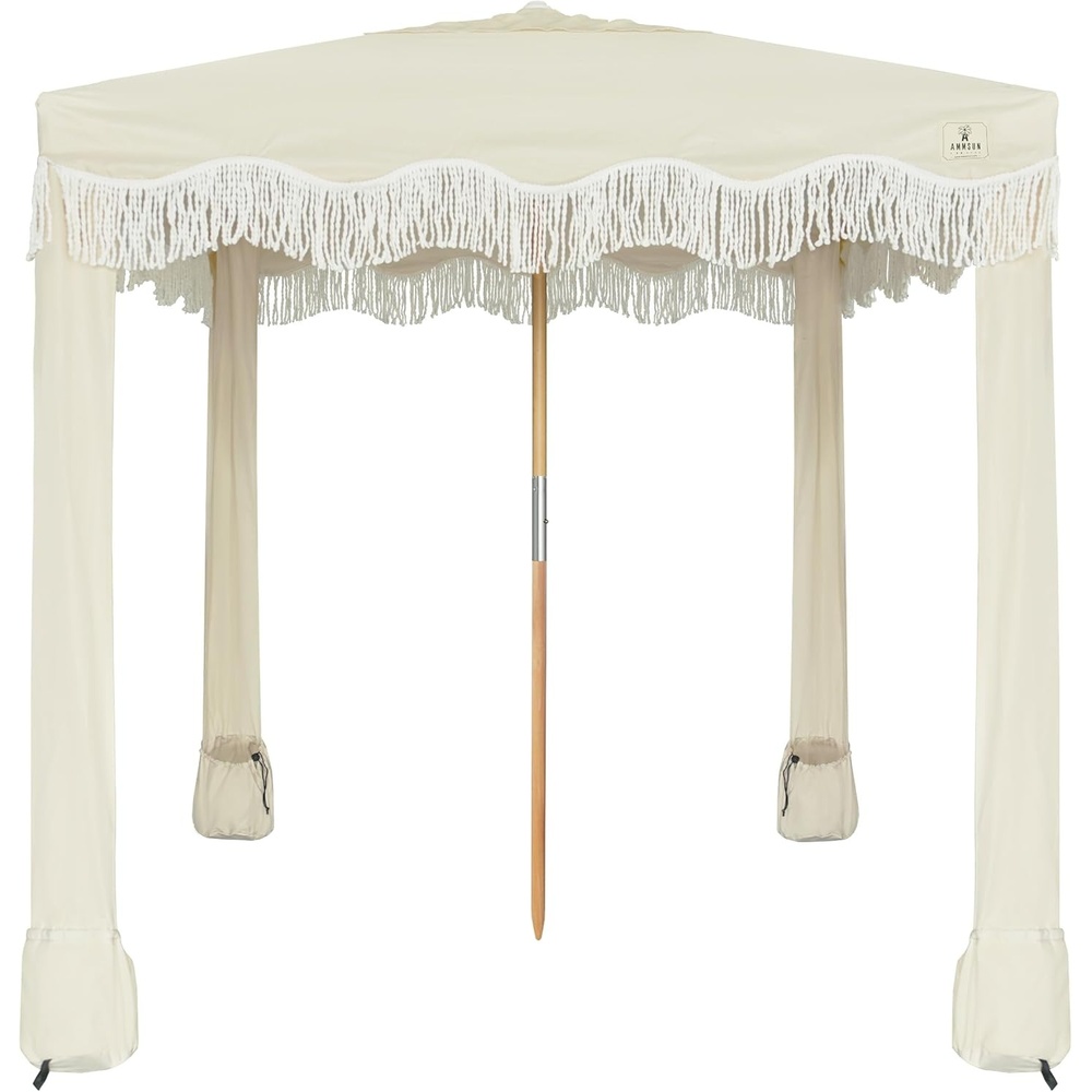 image:imageAMMSUN Beach Cabana with Fringe amp Wood Pole 7 x 7 Boho Canopy Tassels Easy Set Up UV50 Protection Easy to Carry with Bag Unique for Special Occasion and Parties Elegant WhiteBeige