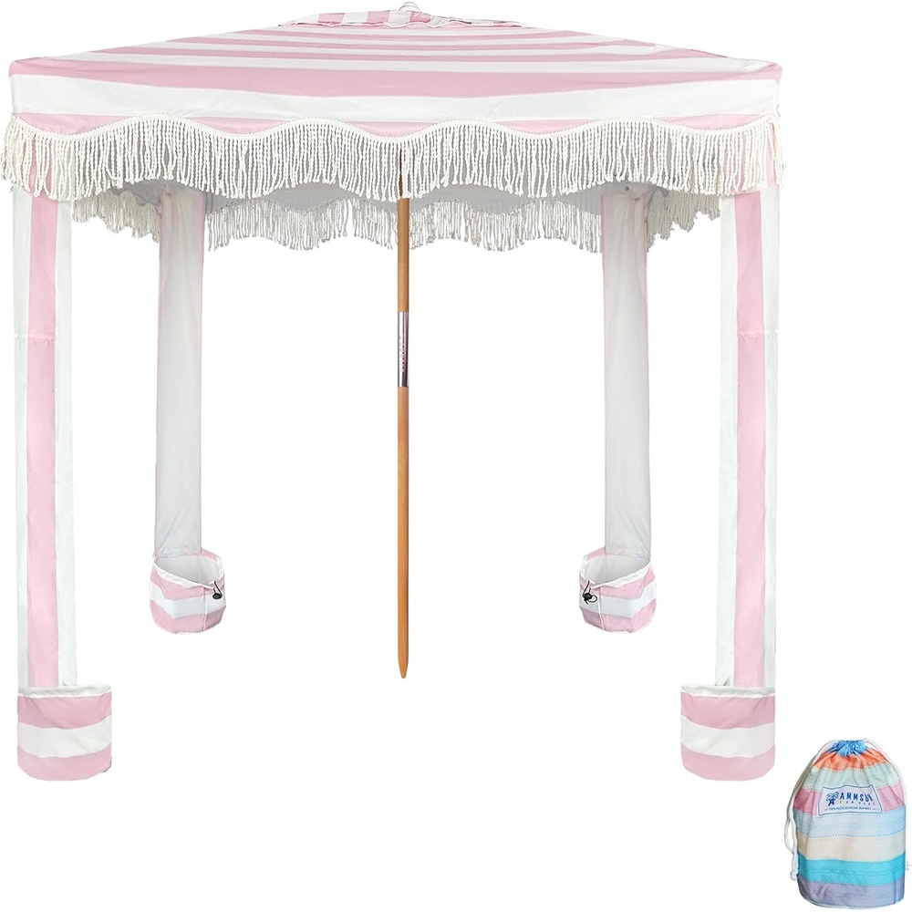 image:imageAMMSUN Beach Cabana with Fringe amp Wood Pole 7 x 7 Boho Canopy Tassels Easy Set Up UV50 Protection Easy to Carry with Bag Unique for Special Occasion and Parties Elegant WhiteStripes Pink
