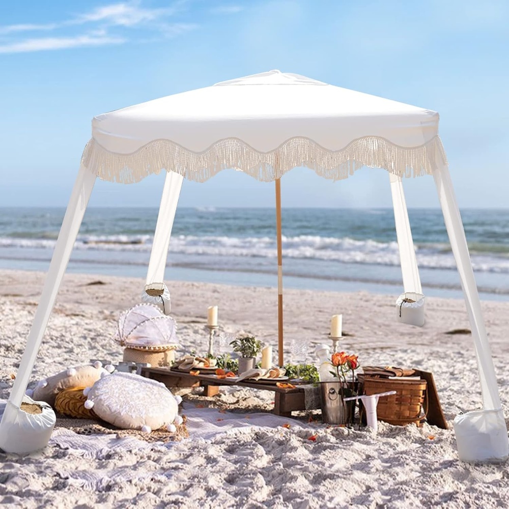image:imageAMMSUN Beach Cabana with Fringe amp Wood Pole 7 x 7 Boho Canopy Tassels Easy Set Up UV50 Protection Easy to Carry with Bag Unique for Special Occasion and Parties Elegant WhiteElegant White