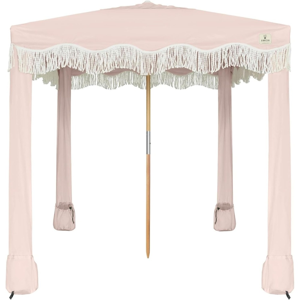 image:imageAMMSUN Beach Cabana with Fringe amp Wood Pole 7 x 7 Boho Canopy Tassels Easy Set Up UV50 Protection Easy to Carry with Bag Unique for Special Occasion and Parties Elegant WhitePink Coral