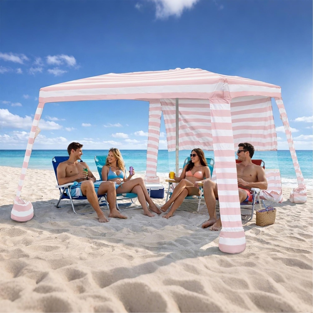 image:imageAMMSUN Portable Beach Cabana 88 Beach Canopy Easy Set up Take Down Foldable Beach Tent Aluminum Structure FamilySized Shade WindResistant UPF50 Fabric Sandbag Anchors Privacy Side WallPink Stripes