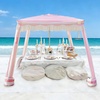 AMMSUN Beach Cabana with Fringe & Wood Pole, 7′ x 7′ Boho Canopy | Tassels, Easy Set Up, UV50+ Protection, Easy to Carry with Bag, Unique for Special Occasion and Parties, Elegant White(Rose Stripes)