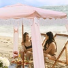 AMMSUN Beach Cabana with Fringe & Wood Pole, 7′ x 7′ Boho Canopy | Tassels, Easy Set Up, UV50+ Protection, Easy to Carry with Bag, Unique for Special Occasion and Parties, Elegant White(Pink Stripes)