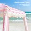 AMMSUN Beach Cabana with Fringe & Wood Pole, 7′ x 7′ Boho Canopy | Tassels, Easy Set Up, UV50+ Protection, Easy to Carry with Bag, Unique for Special Occasion and Parties, Elegant White(Rose Stripes)