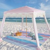 AMMSUN Beach Cabana with Fringe & Wood Pole, 7′ x 7′ Boho Canopy | Tassels, Easy Set Up, UV50+ Protection, Easy to Carry with Bag, Unique for Special Occasion and Parties, Elegant White(Stripes Pink)