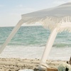 AMMSUN Beach Cabana with Fringe & Wood Pole, 7′ x 7′ Boho Canopy | Tassels, Easy Set Up, UV50+ Protection, Easy to Carry with Bag, Unique for Special Occasion and Parties, Elegant White(White Elegant)