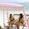 AMMSUN Beach Cabana with Fringe & Wood Pole, 7′ x 7′ Boho Canopy | Tassels, Easy Set Up, UV50+ Protection, Easy to Carry with Bag, Unique for Special Occasion and Parties, Elegant White(Rose Stripes)