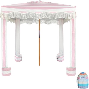 AMMSUN Beach Cabana with Fringe & Wood Pole, 7′ x 7′ Boho Canopy | Tassels, Easy Set Up, UV50+ Protection, Easy to Carry with Bag, Unique for Special Occasion and Parties, Elegant White(Stripes Pink)