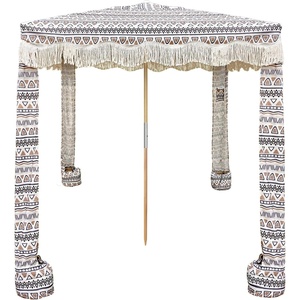 AMMSUN Beach Cabana with Fringe & Wood Pole, 7′ x 7′ Boho Canopy | Tassels, Easy Set Up, UV50+ Protection, Easy to Carry with Bag, Unique for Special Occasion and Parties, Elegant White(Tan)