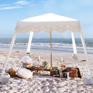 AMMSUN Beach Cabana with Fringe & Wood Pole, 7′ x 7′ Boho Canopy | Tassels, Easy Set Up, UV50+ Protection, Easy to Carry with Bag, Unique for Special Occasion and Parties, Elegant White(Elegant White)
