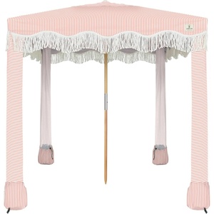 AMMSUN Beach Cabana with Fringe & Wood Pole, 7′ x 7′ Boho Canopy | Tassels, Easy Set Up, UV50+ Protection, Easy to Carry with Bag, Unique for Special Occasion and Parties, Elegant White(Pink Stripes)