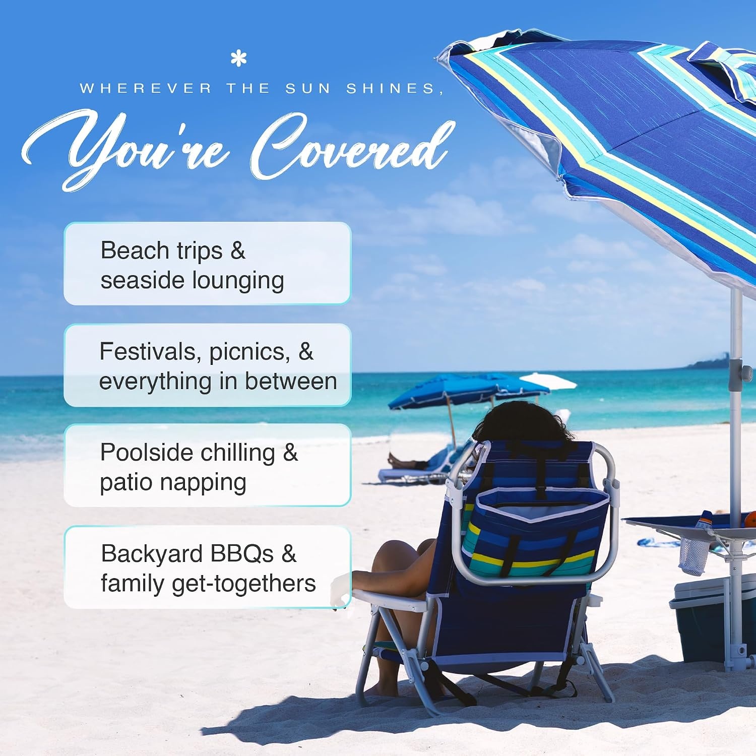 image:imageAMMSUN 7ft Heavy Duty High Wind Beach Umbrella with sand anchor Builtin Table Tray Vent Tilt Pole UPF 50 Windproof Portable Outdoor Umbrellas Carry Bag for Patio Garden Pool Backyard stripeBlue