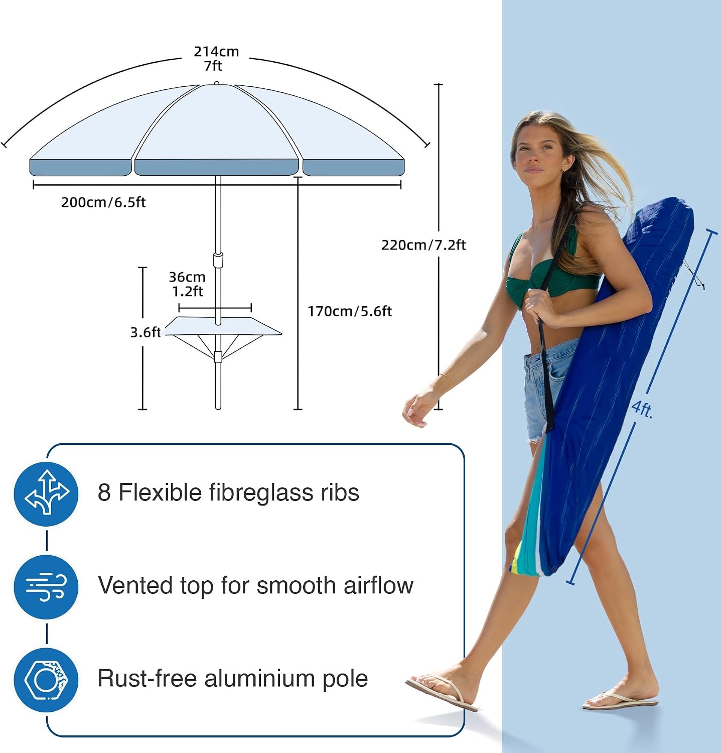 image:imageAMMSUN 7ft Heavy Duty High Wind Beach Umbrella with sand anchor Builtin Table Tray Vent Tilt Pole UPF 50 Windproof Portable Outdoor Umbrellas Carry Bag for Patio Garden Pool Backyard stripeBlue