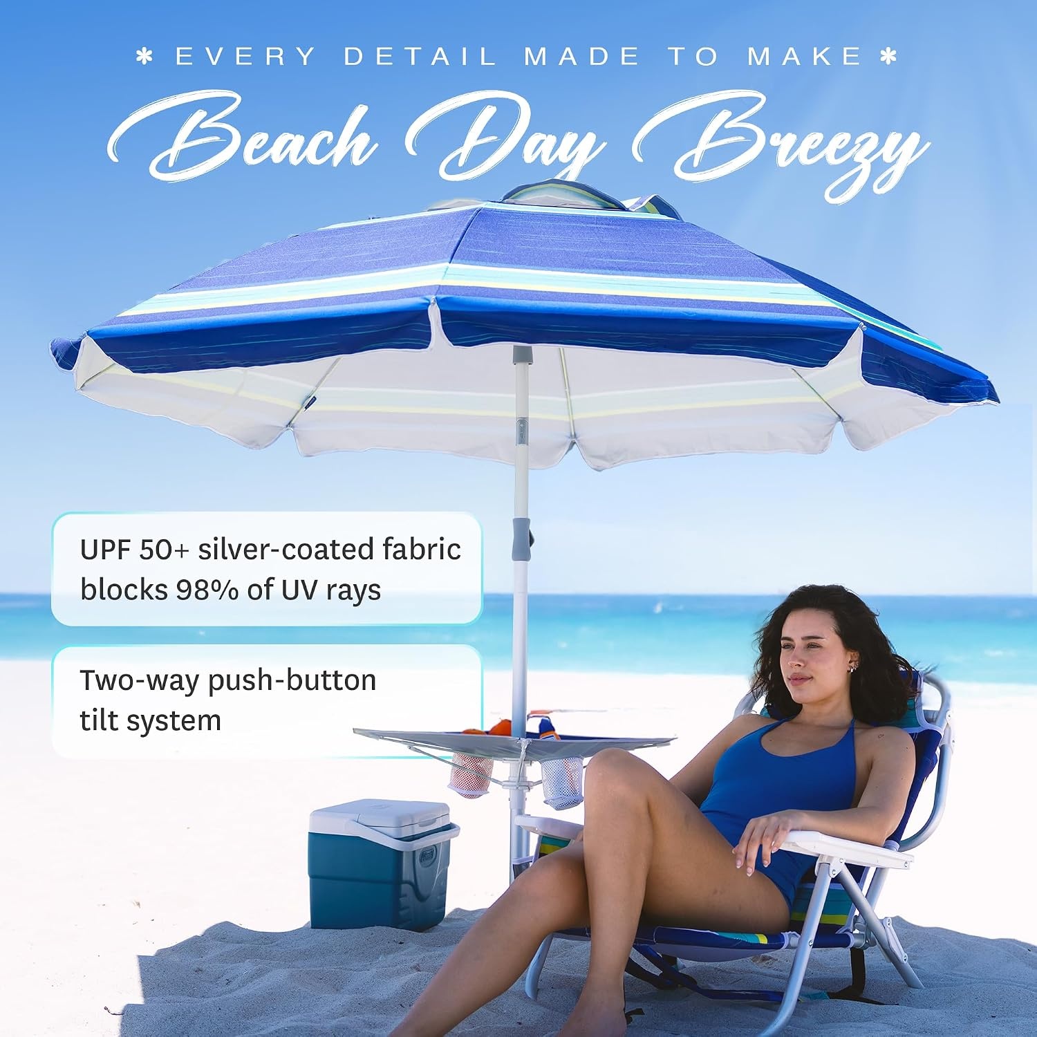 image:imageAMMSUN 7ft Heavy Duty High Wind Beach Umbrella with sand anchor Builtin Table Tray Vent Tilt Pole UPF 50 Windproof Portable Outdoor Umbrellas Carry Bag for Patio Garden Pool Backyard stripeBlue