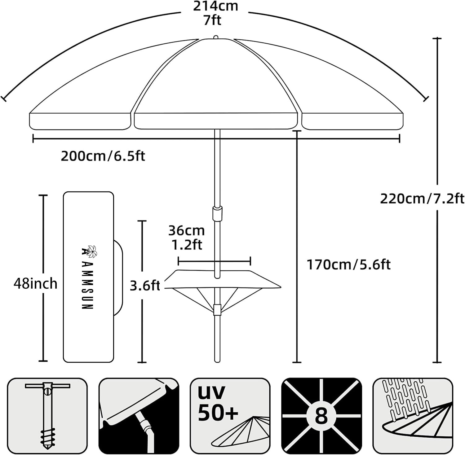 image:imageAMMSUN 7ft Heavy Duty High Wind Beach Umbrella with sand anchor Builtin Table Tray Vent Tilt Pole UPF 50 Windproof Portable Outdoor Umbrellas Carry Bag for Patio Garden Pool Backyard stripeBlue