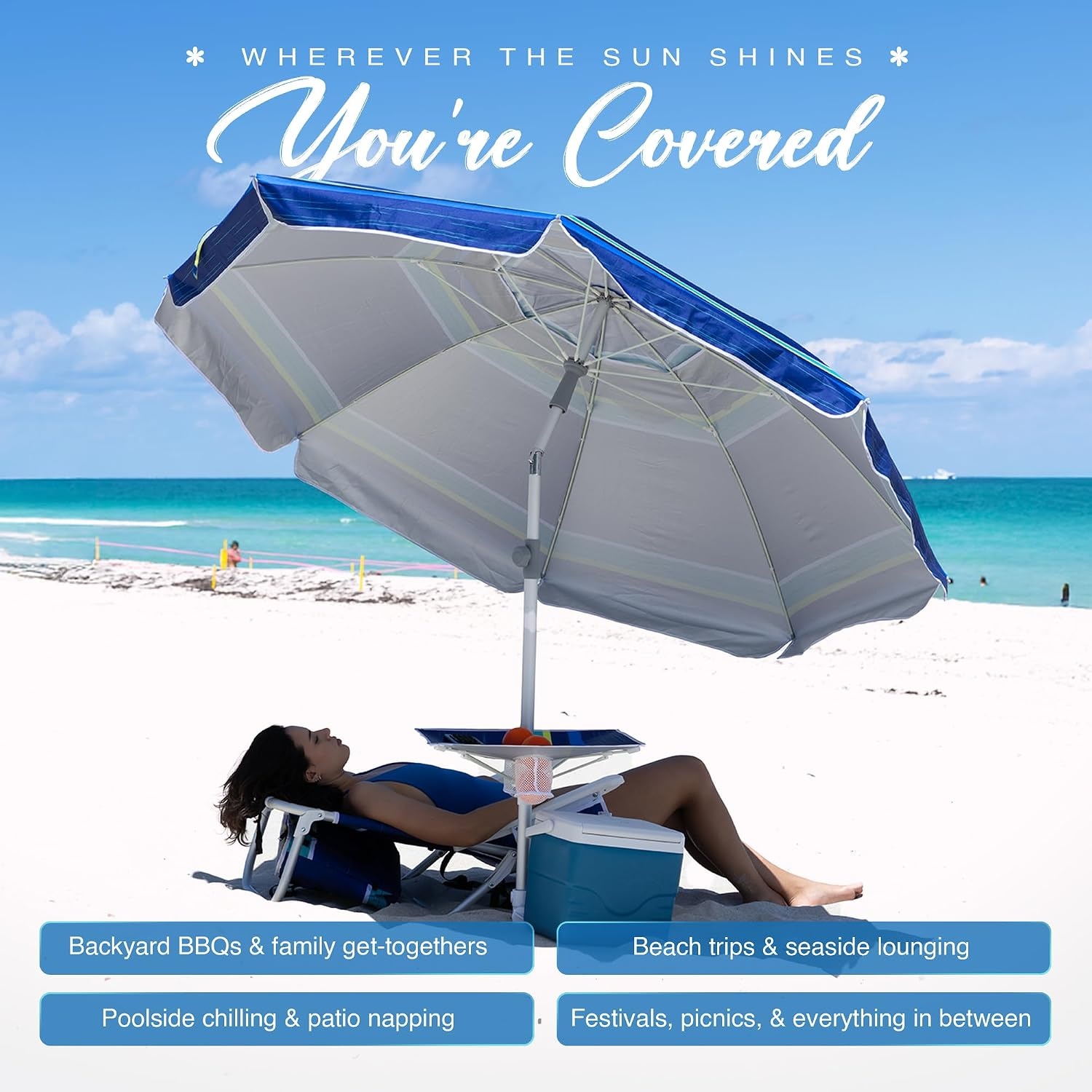 image:imageAMMSUN 7ft Heavy Duty High Wind Beach Umbrella with sand anchor Builtin Table Tray Vent Tilt Pole UPF 50 Windproof Portable Outdoor Umbrellas Carry Bag for Patio Garden Pool Backyard stripeBlue