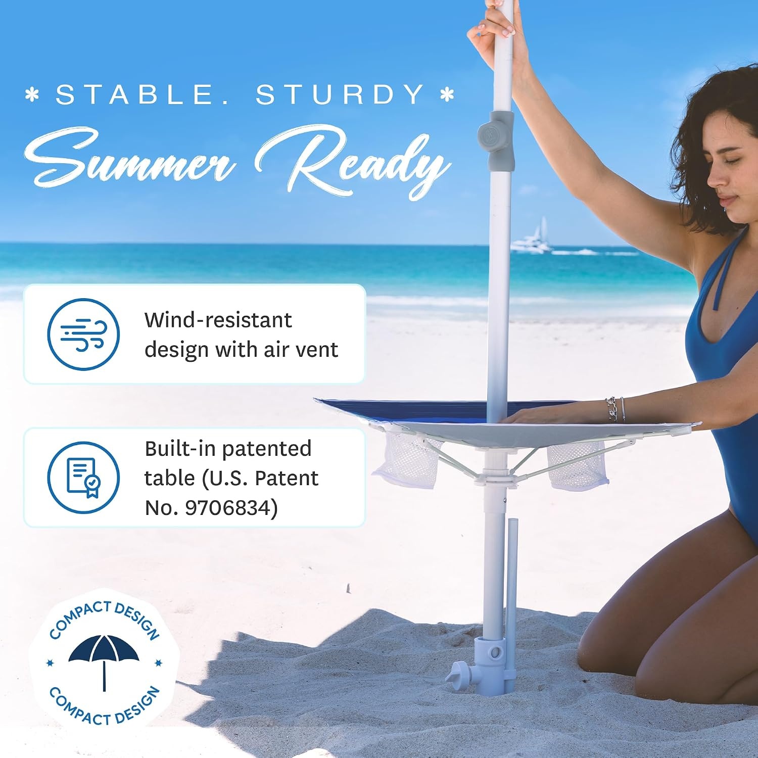image:imageAMMSUN 7ft Heavy Duty High Wind Beach Umbrella with sand anchor Builtin Table Tray Vent Tilt Pole UPF 50 Windproof Portable Outdoor Umbrellas Carry Bag for Patio Garden Pool Backyard stripeBlue