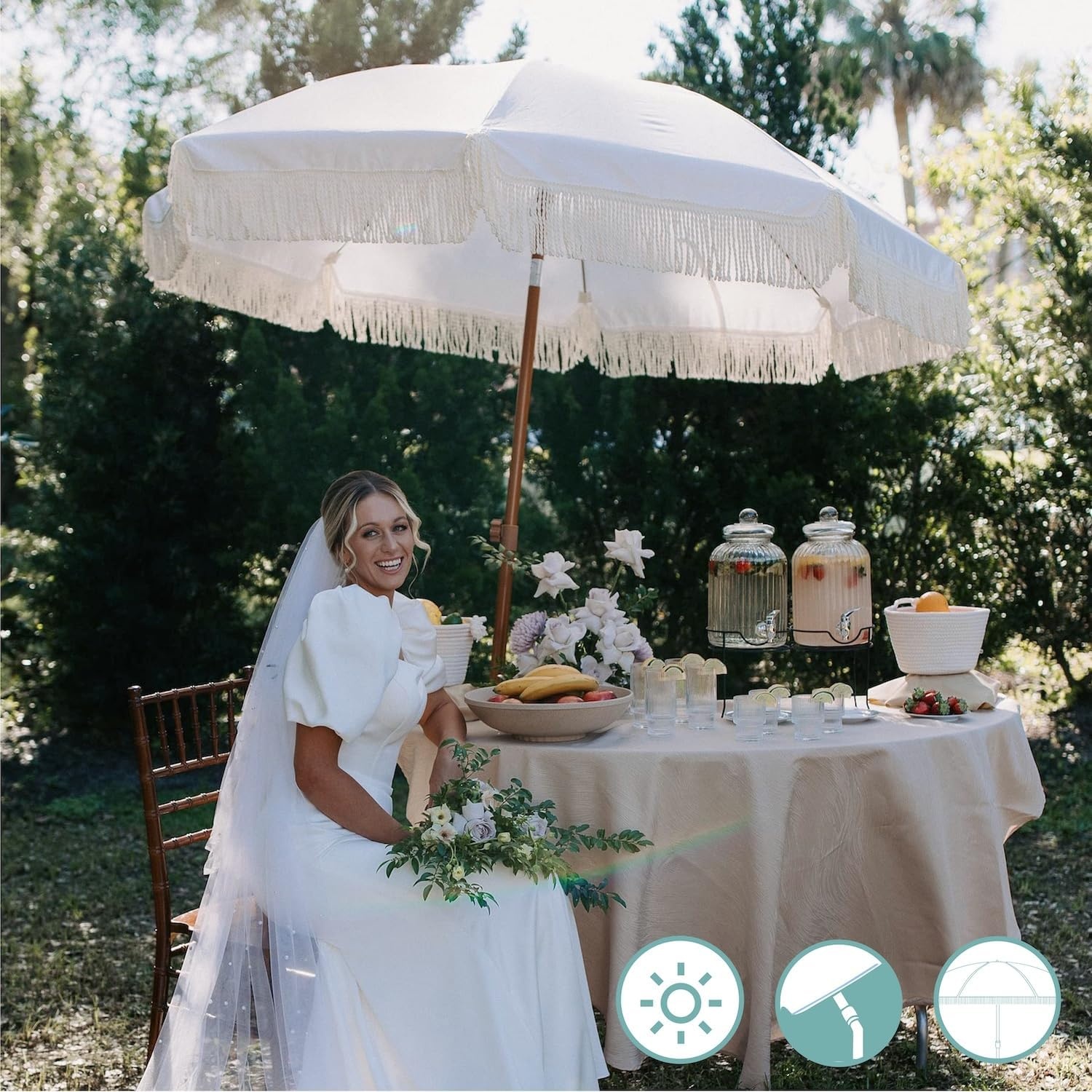 image:imageAMMSUN 7ft Patio Umbrella with Fringe Outdoor Tassel Umbrella UPF50 Premium Steel Pole and Steel Ribs Push Button Tilt BlackCream White