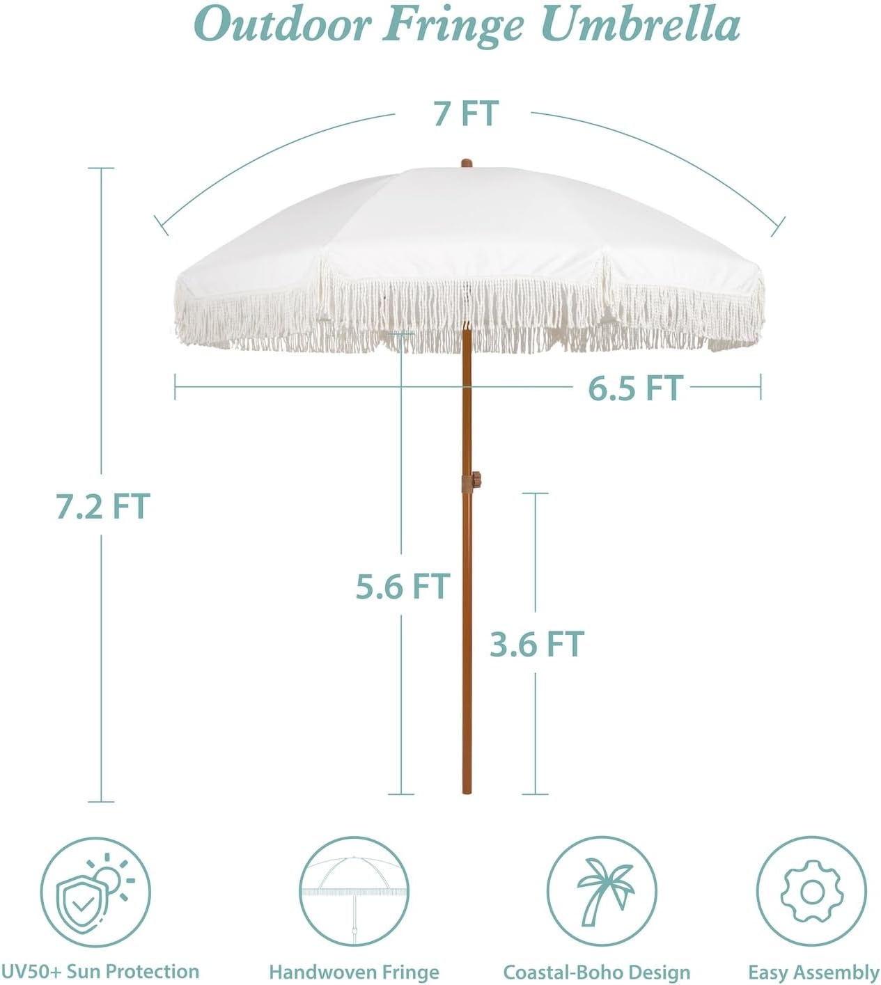 image:imageAMMSUN 7ft Patio Umbrella with Fringe Outdoor Tassel Umbrella UPF50 Premium Steel Pole and Steel Ribs Push Button Tilt BlackCream White