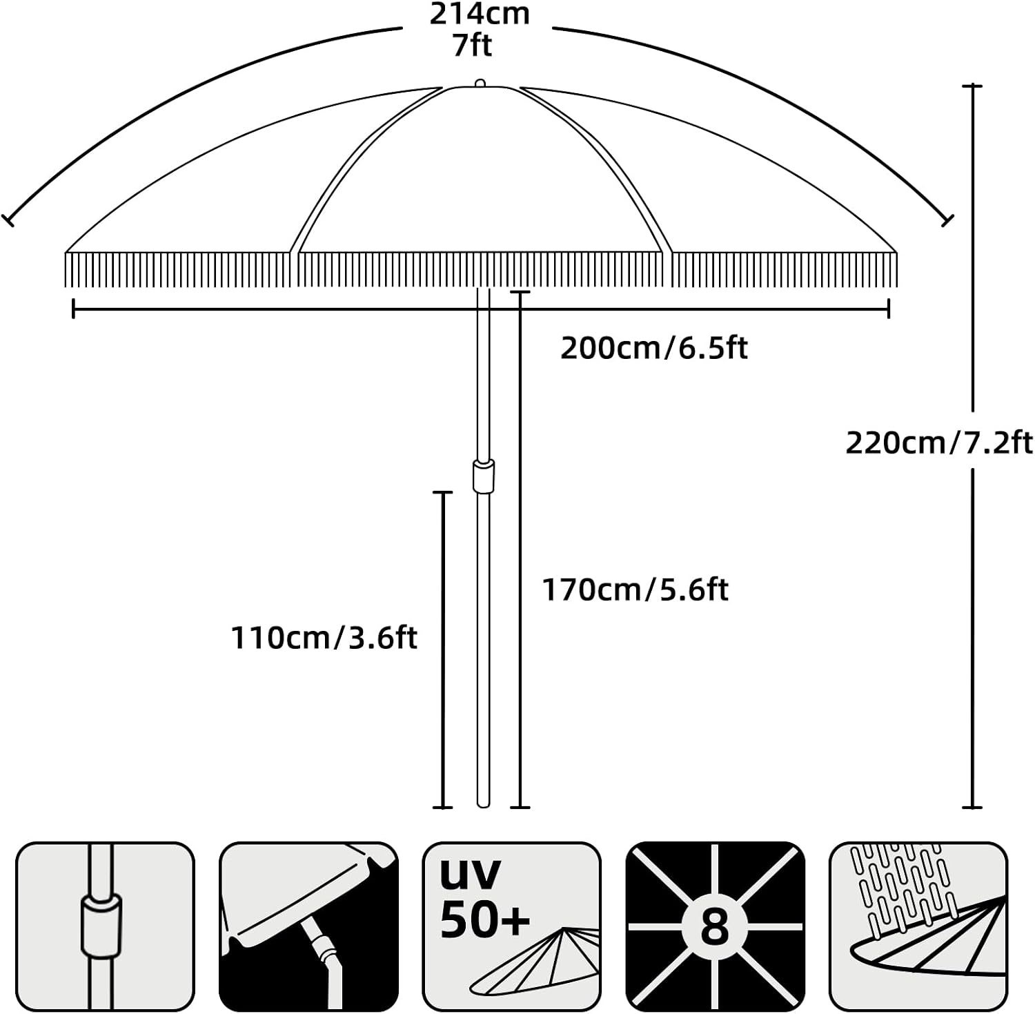 image:imageAMMSUN 7ft Patio Umbrella with Fringe Outdoor Tassel Umbrella UPF50 Premium Steel Pole and Steel Ribs Push Button Tilt BlackNoble Black