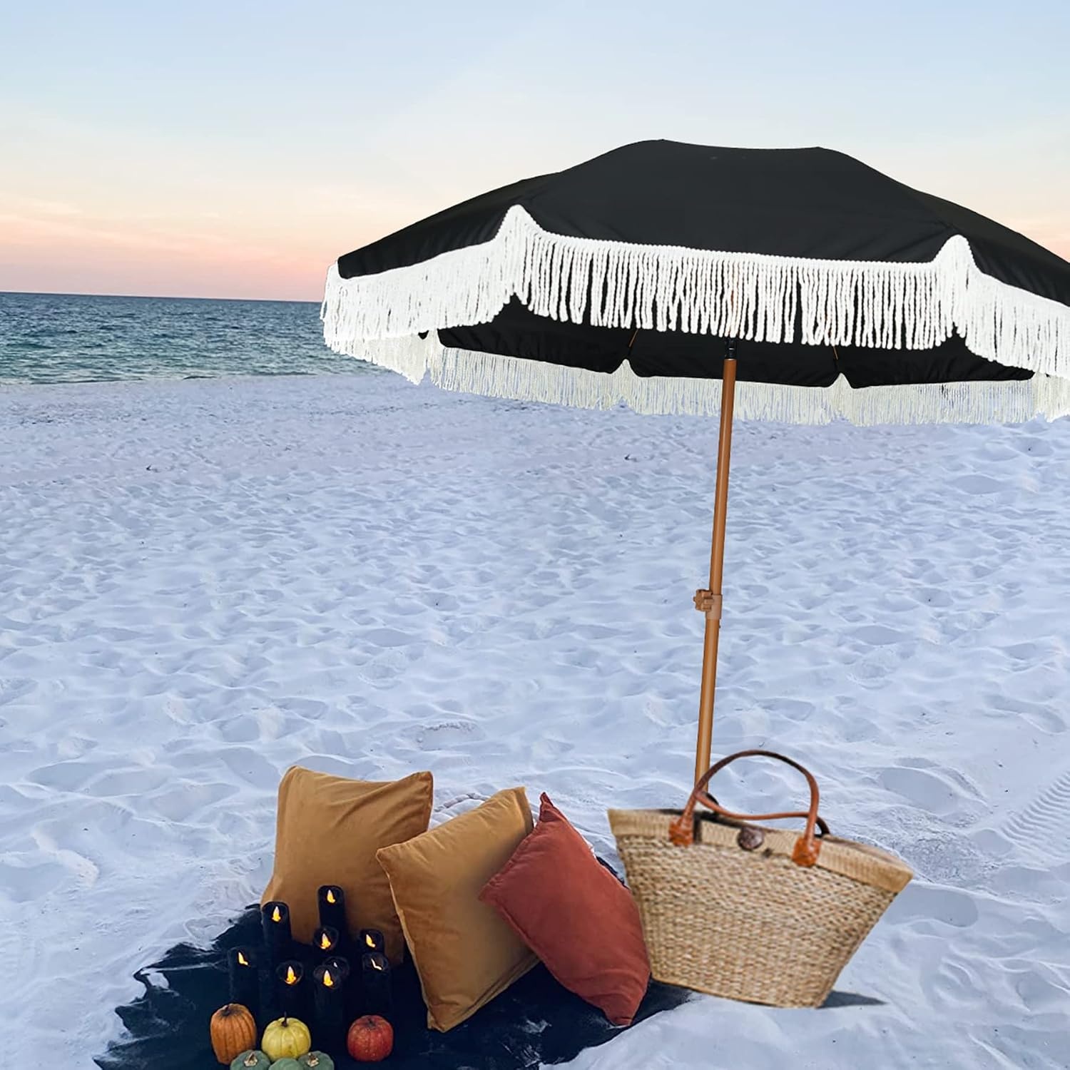 image:imageAMMSUN 7ft Patio Umbrella with Fringe Outdoor Tassel Umbrella UPF50 Premium Steel Pole and Steel Ribs Push Button Tilt BlackNoble Black