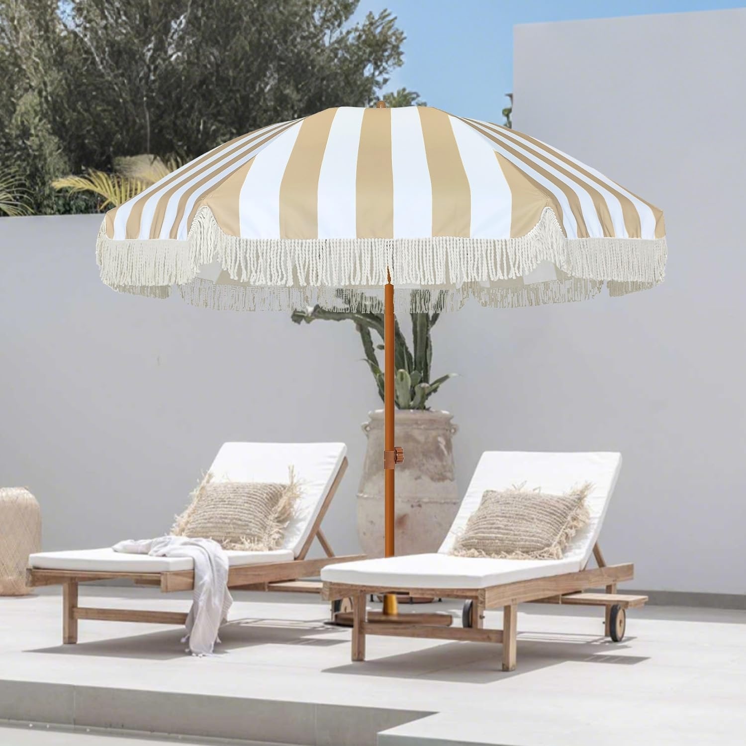 image:imageAMMSUN 7ft Patio Umbrella with Fringe Outdoor Tassel Umbrella UPF50 Premium Steel Pole and Steel Ribs Push Button Tilt BlackStripe Beige