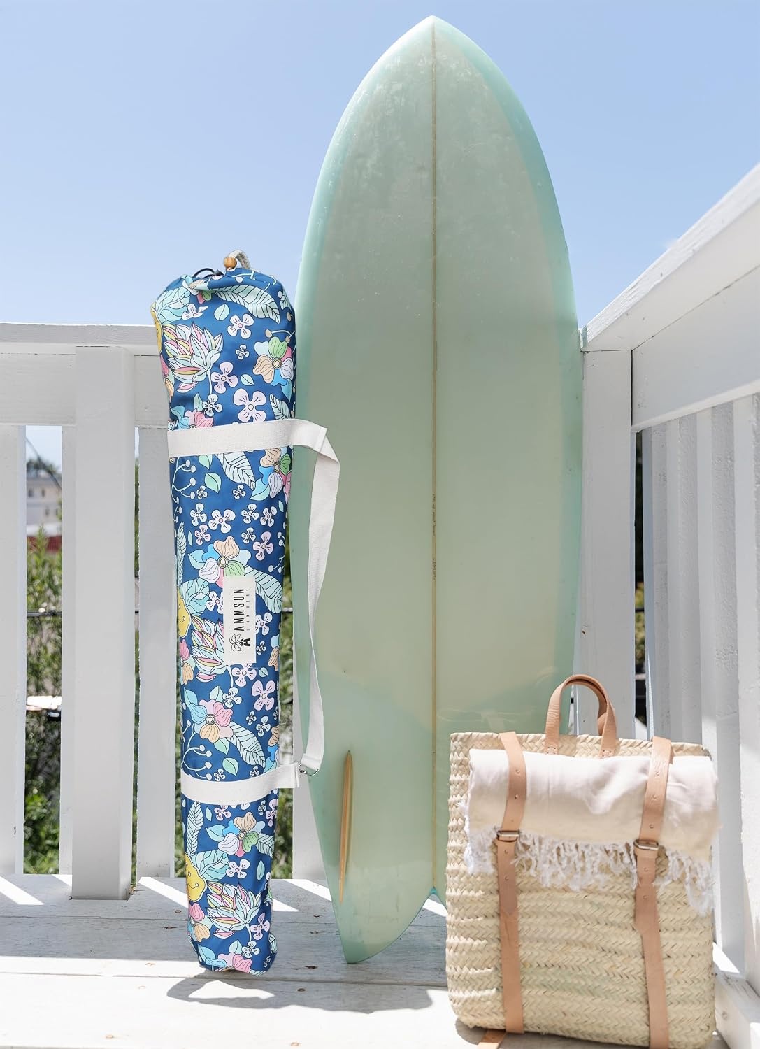 image:imageAMMSUN Beach Umbrella with Fringe 65ft Boho Umbrella with Premium Wood Pole amp Carry Bag UPF 50 Protection for Outdoor Holiday Green PlaidFlowers