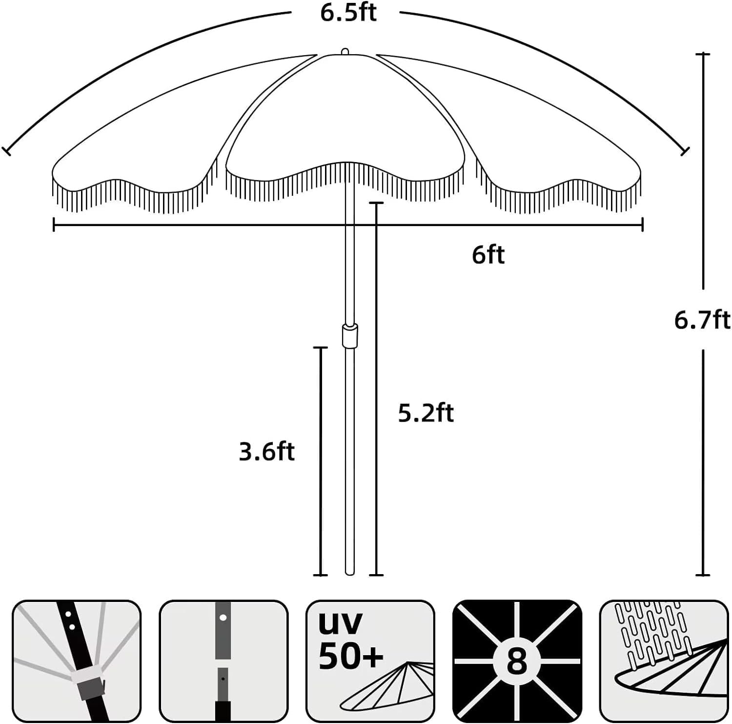 image:imageAMMSUN Beach Umbrella with Fringe 65ft Boho Umbrella with Premium Wood Pole amp Carry Bag UPF 50 Protection for Outdoor Holiday Green PlaidGreen Plaid