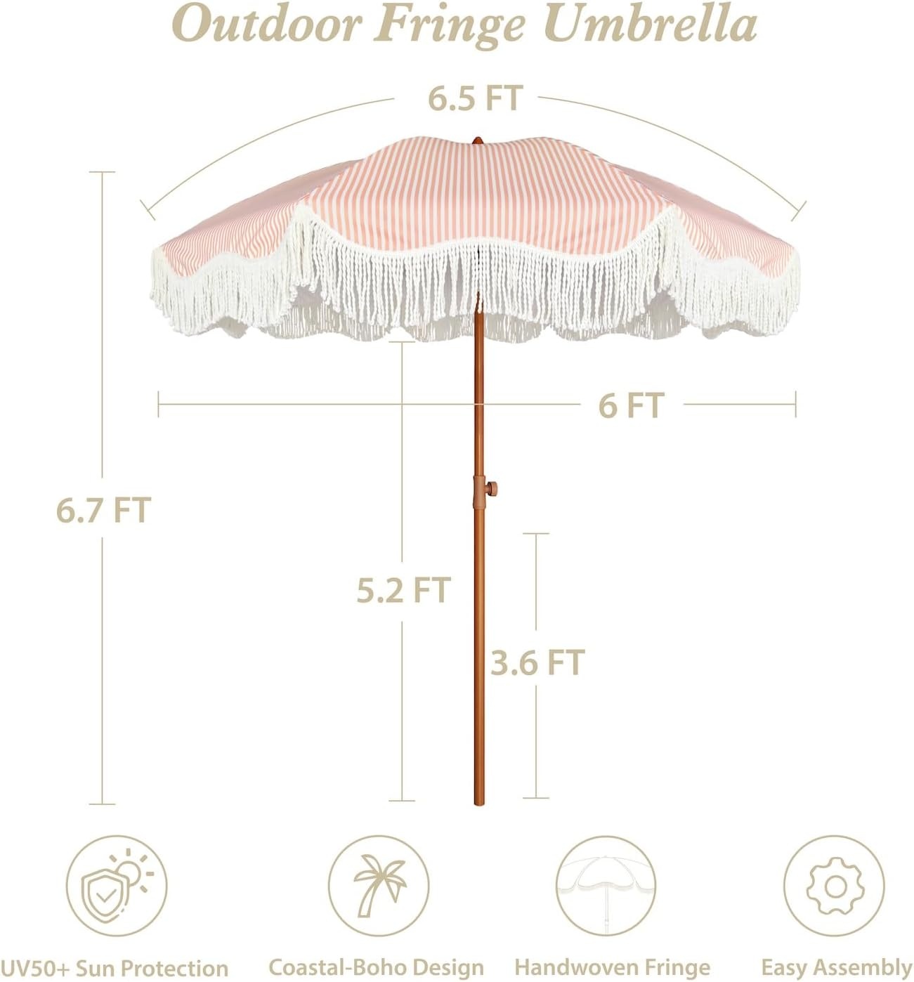 image:imageAMMSUN Boho Fringe Umbrella 65ft Outdoor Umbrella with Tassel Boho Chic Style UPF 50 Sun Protection Steel Pole Push Button Tilt Easy to Set Up for Party Picnic Beach Green StripeRose Stripe