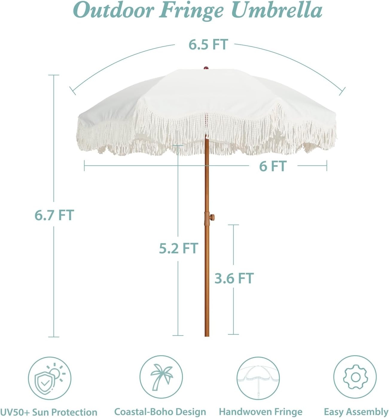 image:imageAMMSUN Boho Fringe Umbrella 65ft Outdoor Umbrella with Tassel Boho Chic Style UPF 50 Sun Protection Steel Pole Push Button Tilt Easy to Set Up for Party Picnic Beach Green StripeAntique White