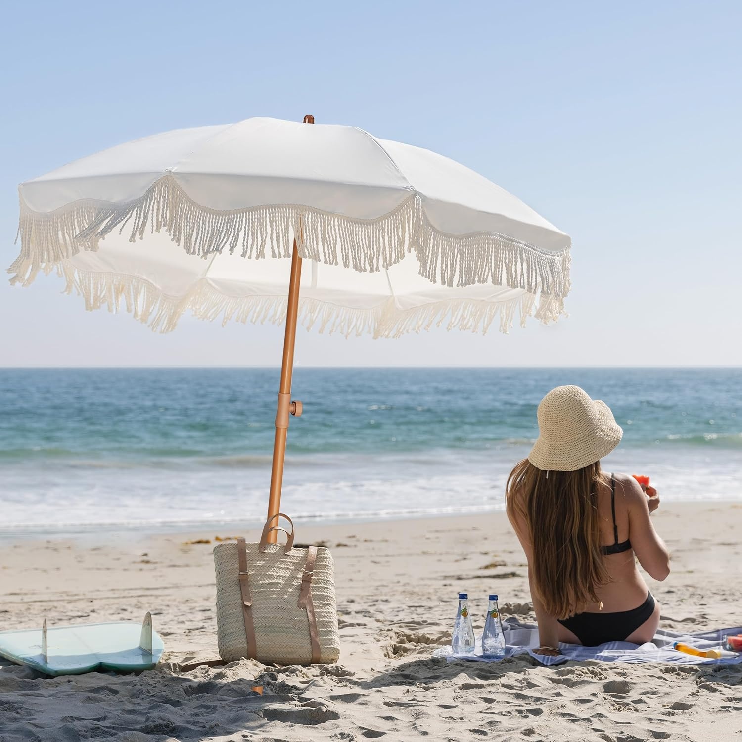 image:imageAMMSUN Boho Fringe Umbrella 65ft Outdoor Umbrella with Tassel Boho Chic Style UPF 50 Sun Protection Steel Pole Push Button Tilt Easy to Set Up for Party Picnic Beach Green StripeAntique White