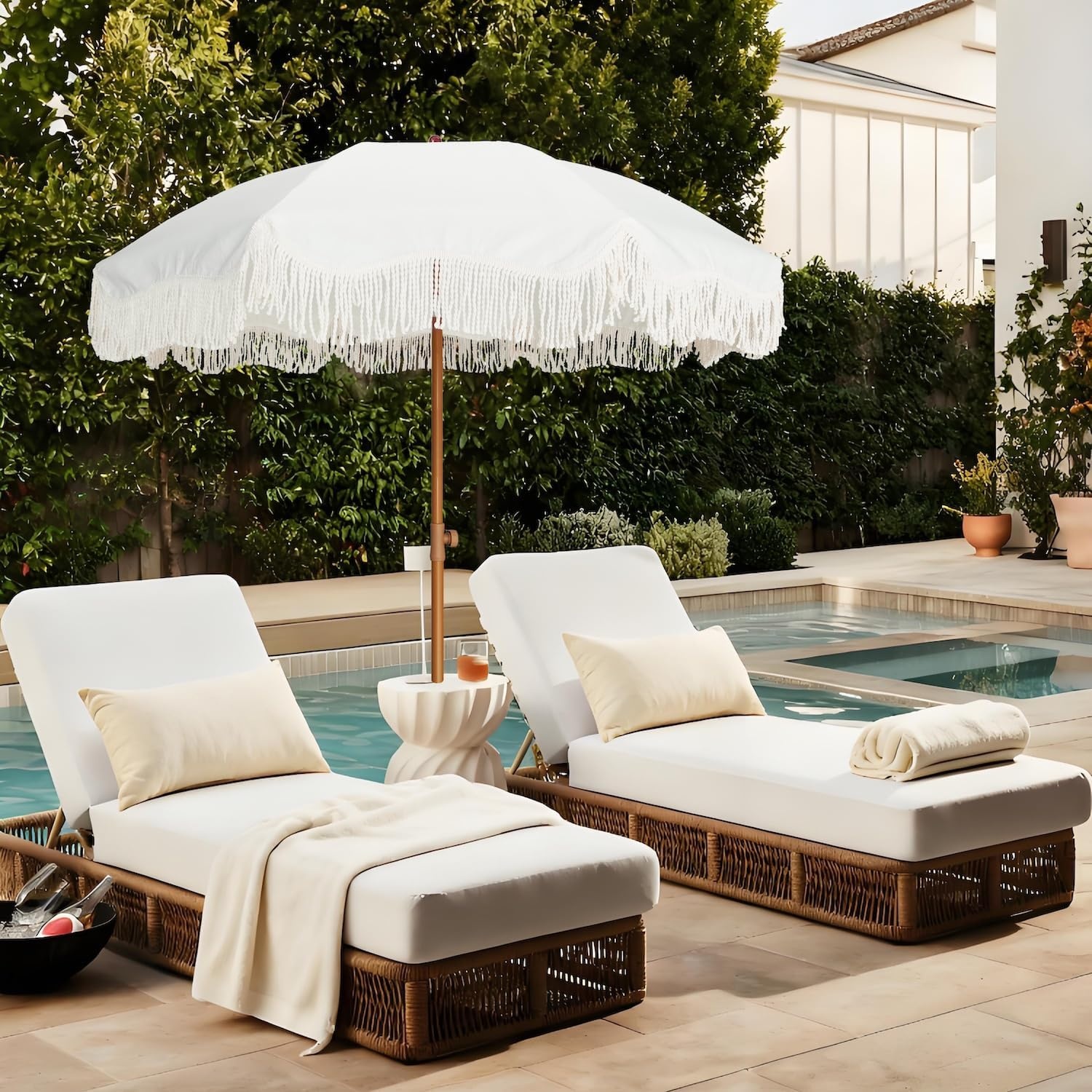 image:imageAMMSUN Boho Fringe Umbrella 65ft Outdoor Umbrella with Tassel Boho Chic Style UPF 50 Sun Protection Steel Pole Push Button Tilt Easy to Set Up for Party Picnic Beach Green StripeAntique White