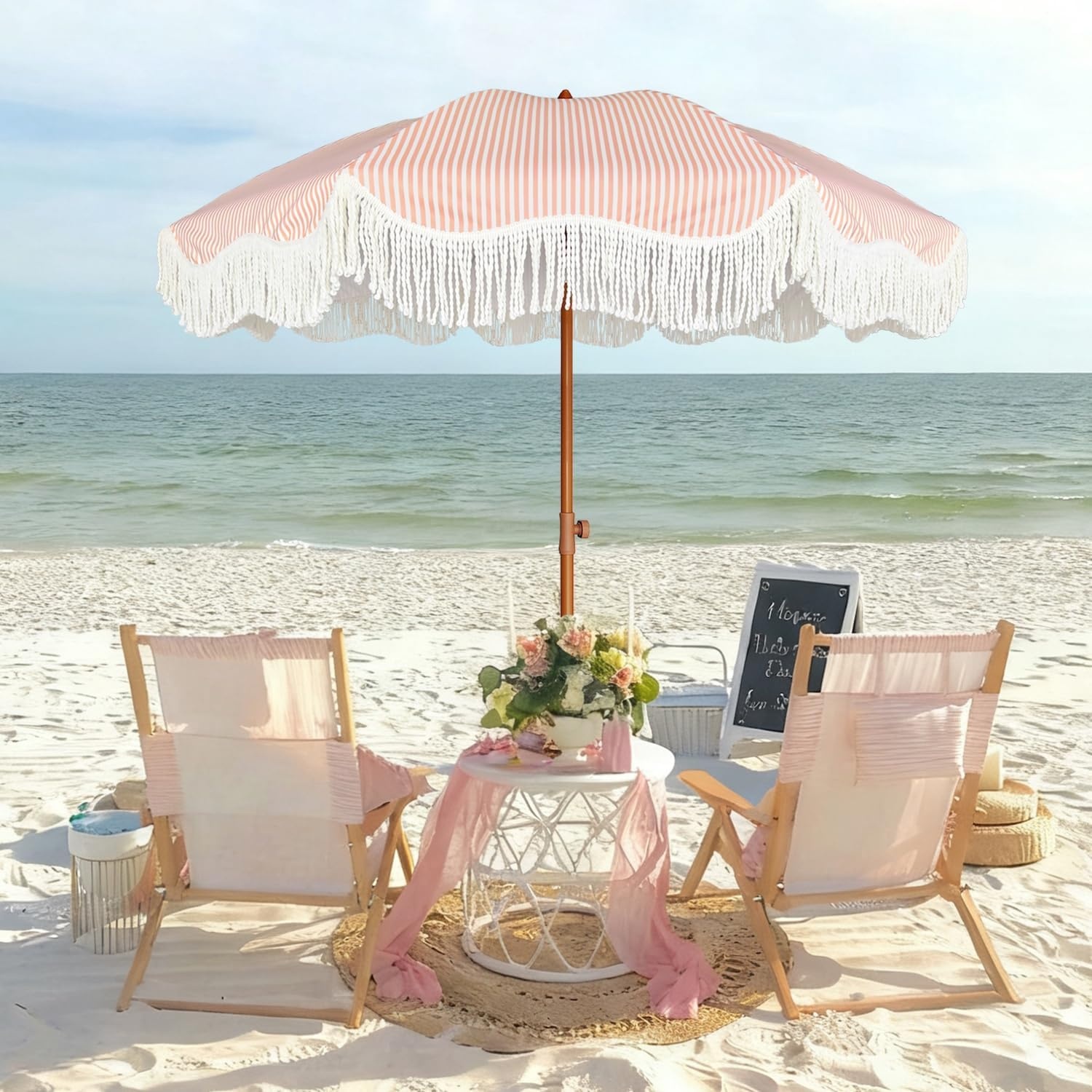 image:imageAMMSUN Boho Fringe Umbrella 65ft Outdoor Umbrella with Tassel Boho Chic Style UPF 50 Sun Protection Steel Pole Push Button Tilt Easy to Set Up for Party Picnic Beach Green StripeRose Stripe