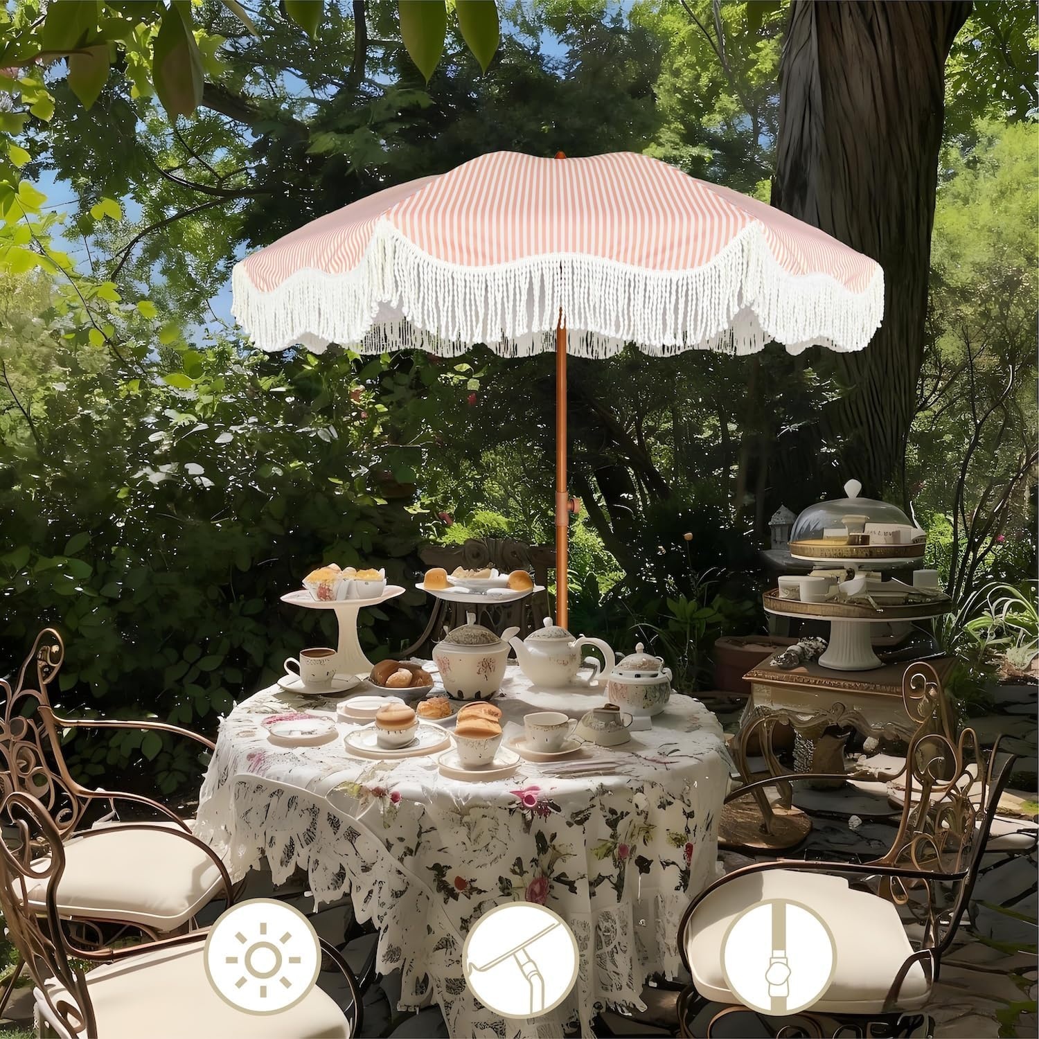 image:imageAMMSUN Boho Fringe Umbrella 65ft Outdoor Umbrella with Tassel Boho Chic Style UPF 50 Sun Protection Steel Pole Push Button Tilt Easy to Set Up for Party Picnic Beach Green StripeRose Stripe