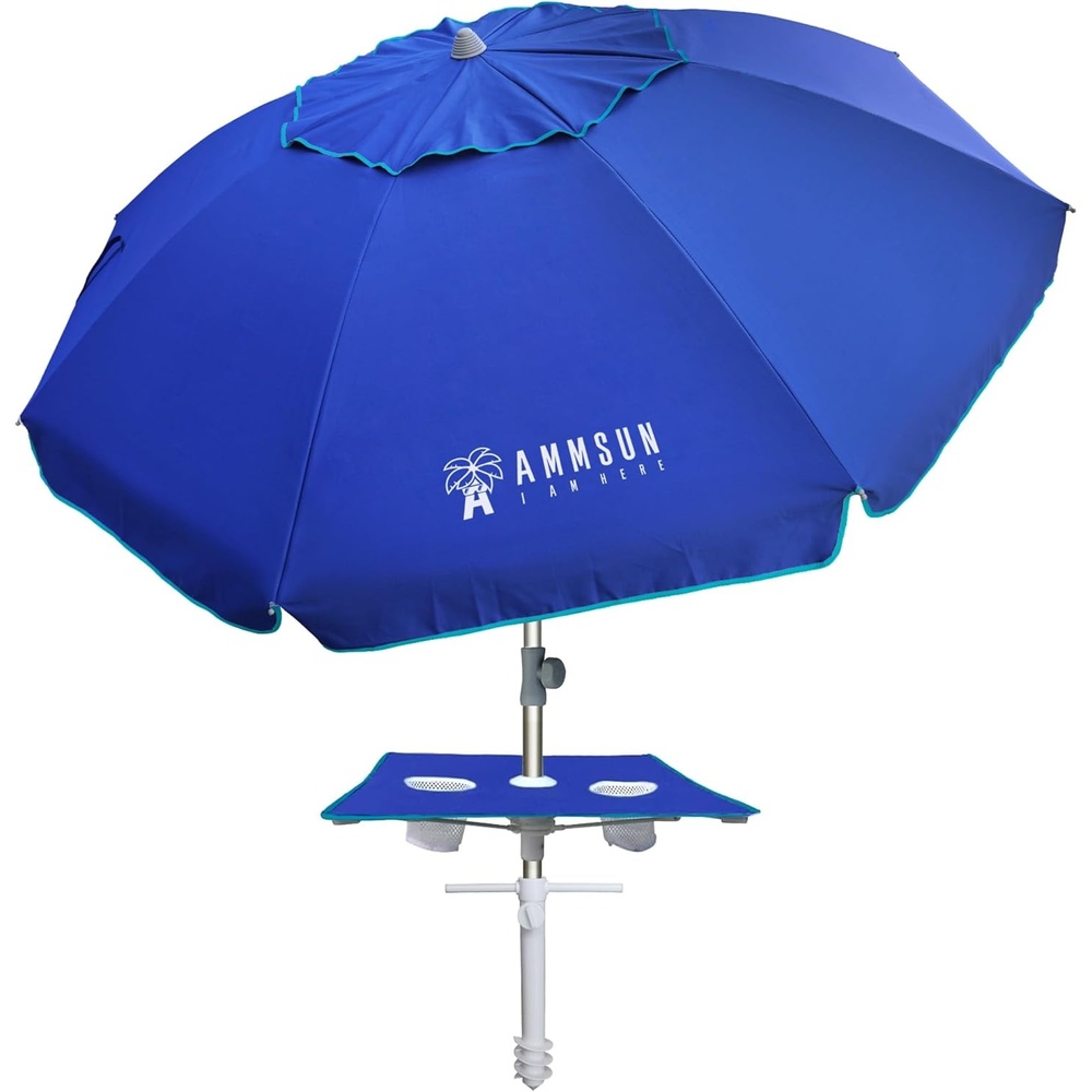 image:imageAMMSUN 7ft Heavy Duty High Wind Beach Umbrella with sand anchor Builtin Table Tray Vent Tilt Pole UPF 50 Windproof Portable Outdoor Umbrellas Carry Bag for Patio Garden Pool Backyard stripeBlue Navy