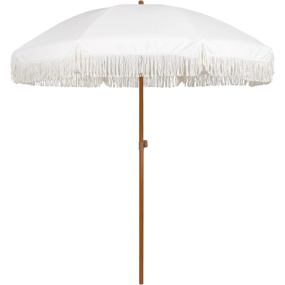 image:imageAMMSUN 7ft Patio Umbrella with Fringe Outdoor Tassel Umbrella UPF50 Premium Steel Pole and Steel Ribs Push Button Tilt BlackCream White