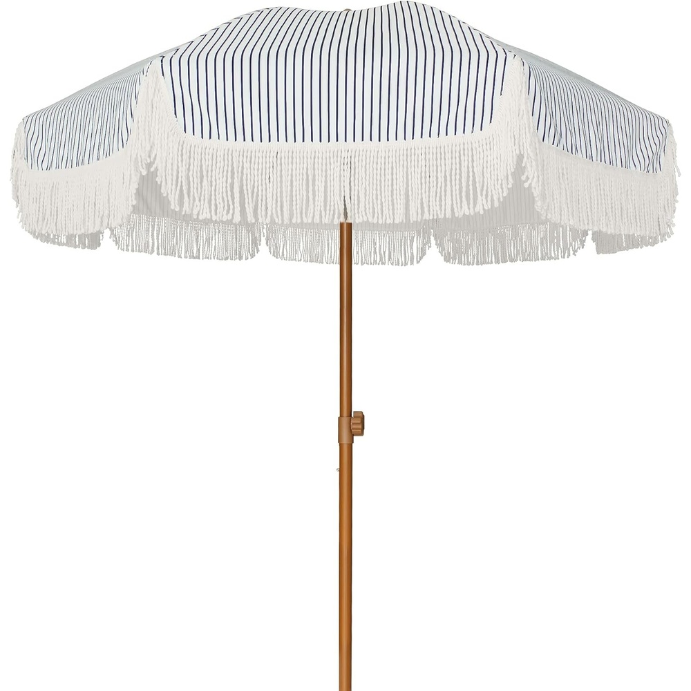 image:imageAMMSUN 7ft Patio Umbrella with Fringe Outdoor Tassel Umbrella UPF50 Premium Steel Pole and Steel Ribs Push Button Tilt BlackNavy Blue Stripes
